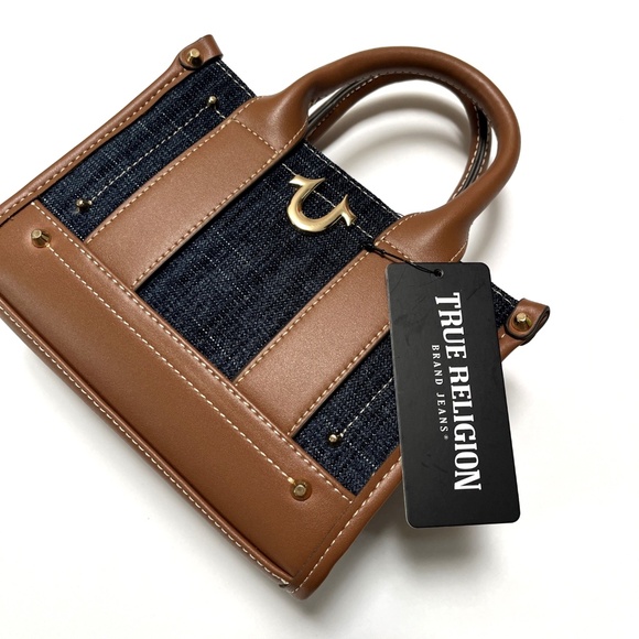 NWT Original TRUE RELIGION Dark Denim Horseshoe Mini Tote Crossbody Bag Studded - Picture 2 of 11